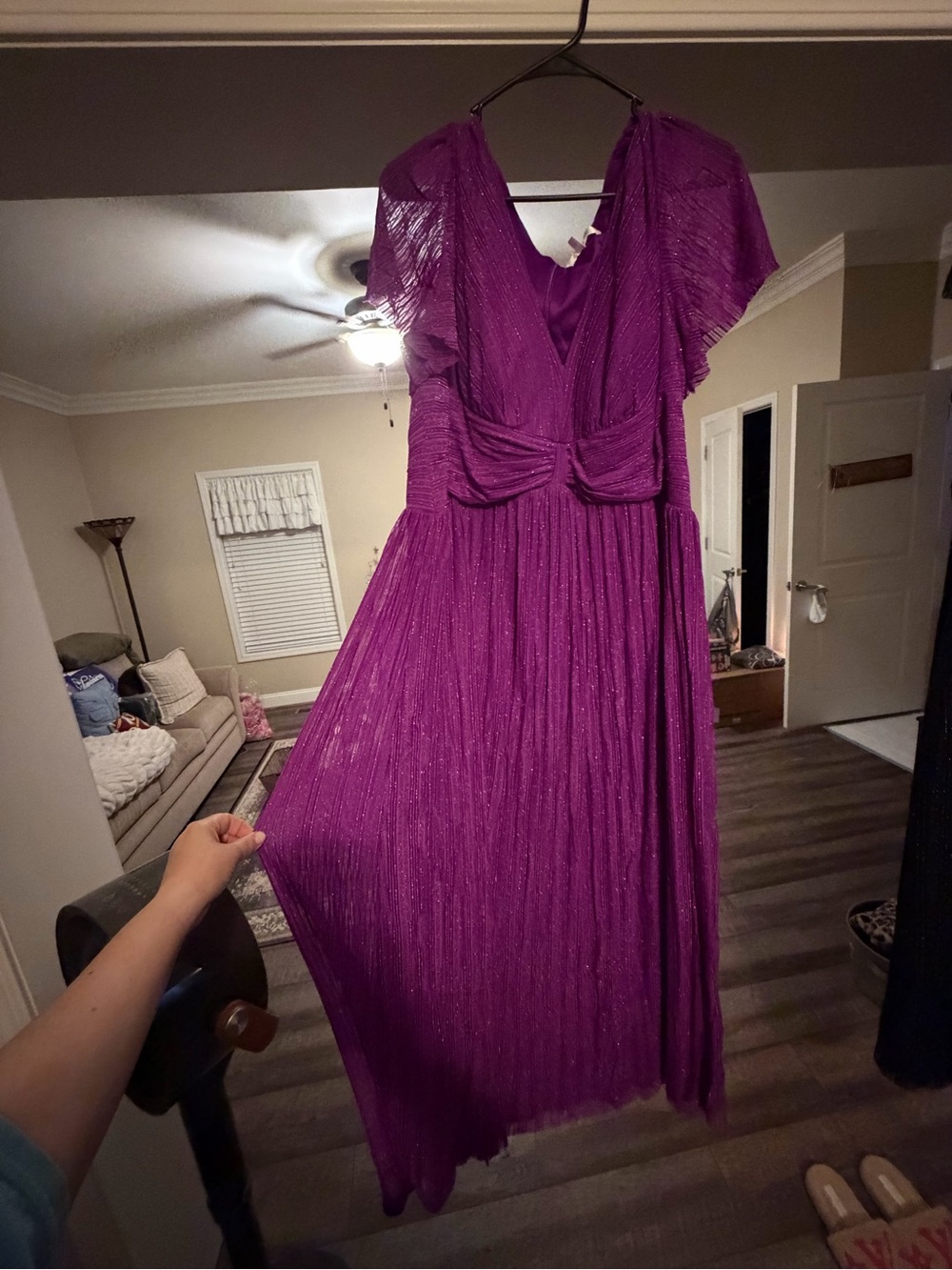 Ever Pretty Shimmery Sparkling Grape V-Neck Pleated Maxi Dress